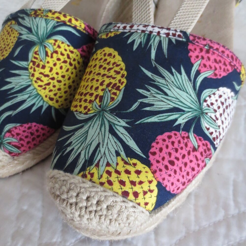 Navy Blue Tropical Pineapple Print Espadrille Wedges - Picture 4 of 8